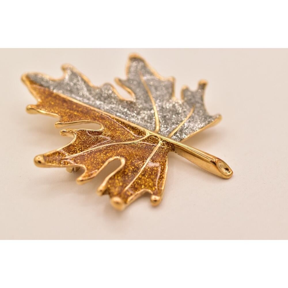 Vintage Autumn Fall Glitter Enamel Leaf Pin Brooch Silver Gold NOS 1990s BinA18 - Picture 11 of 12